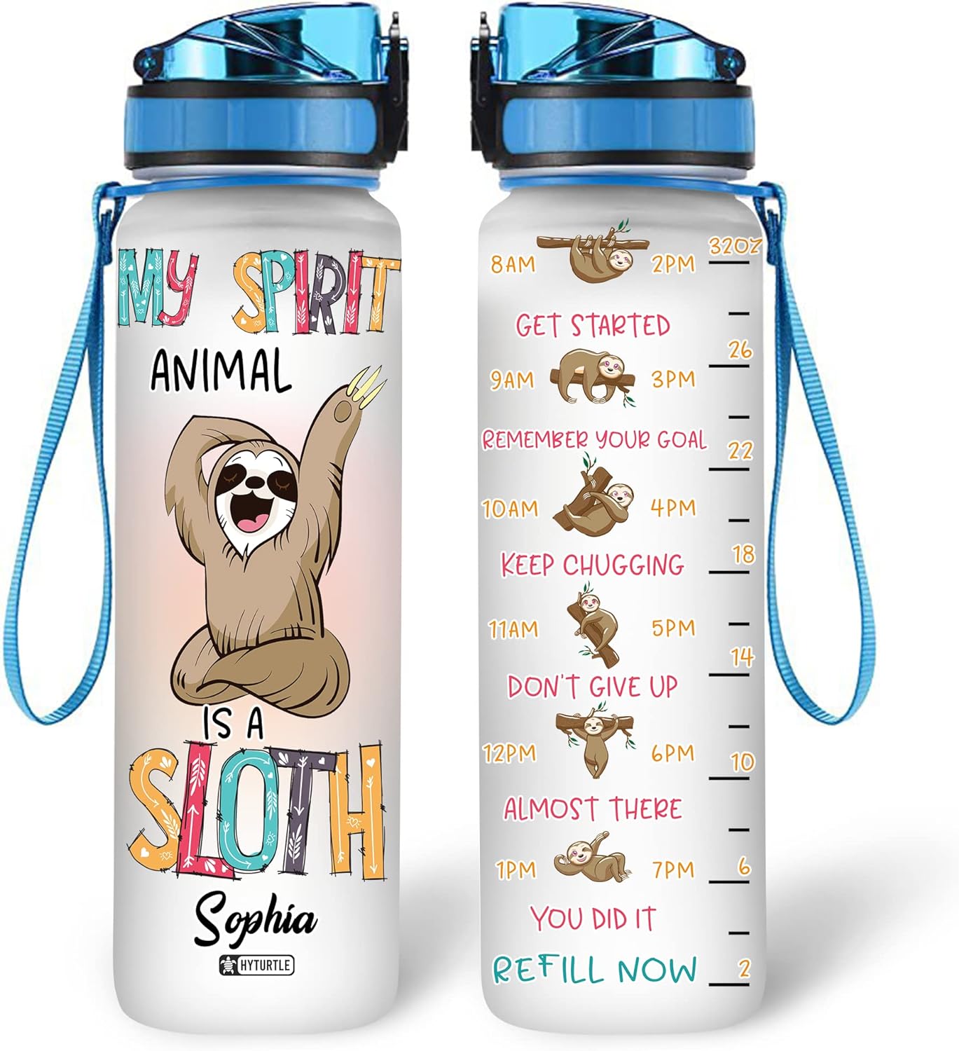 Spirit Animal Sloth Water Bottle Tracker 32oz – Personalized Cute Motivational Bottle with Time Marker – Fun Gift for Sloth Lovers & Teens