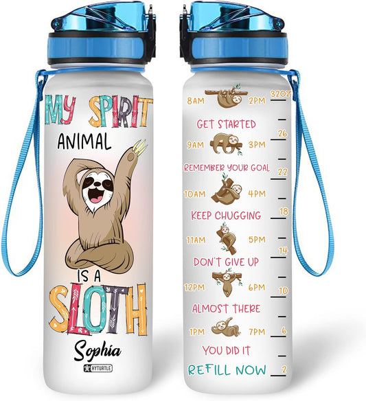 Spirit Animal Sloth Water Bottle Tracker 32oz – Personalized Cute Motivational Bottle with Time Marker – Fun Gift for Sloth Lovers & Teens