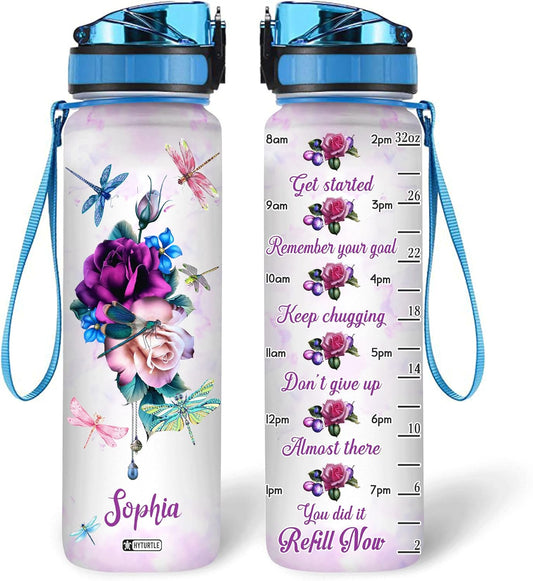 Flower Dragonfly - Personalized Water Tracker Bottle 32oz