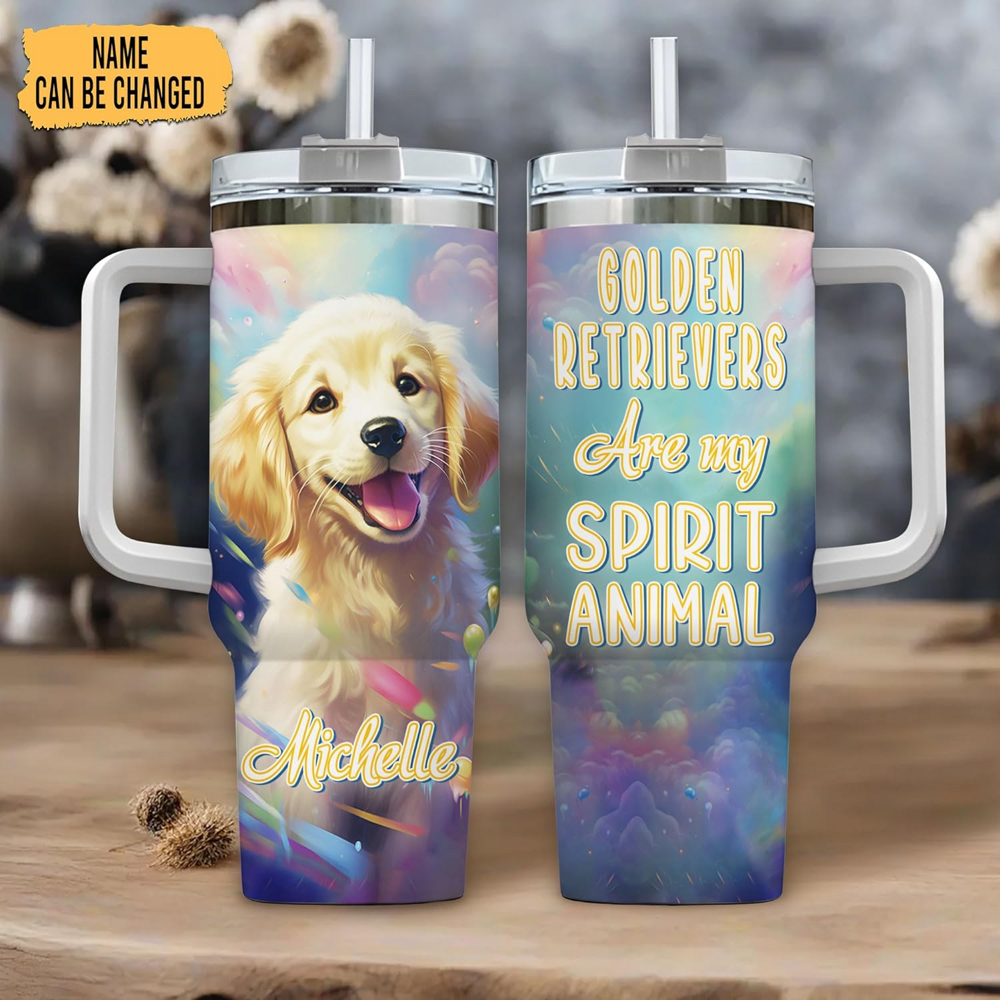 Golden Retriever Spirit Animal Tumbler 40oz – Personalized Stainless Steel Travel Cup with Handle & Straw – Perfect Gift for Dog Moms