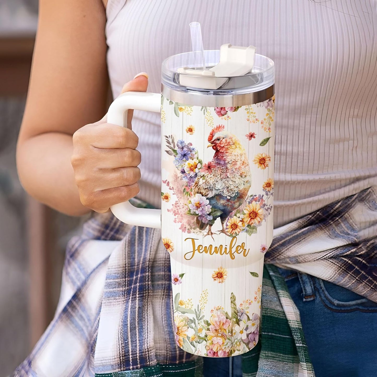 Chicken Floral 40oz Tumbler with Handle & Straw – Personalized Stainless Steel Insulated Travel Cup with Lid – Unique Gift for Farm Animal Lovers