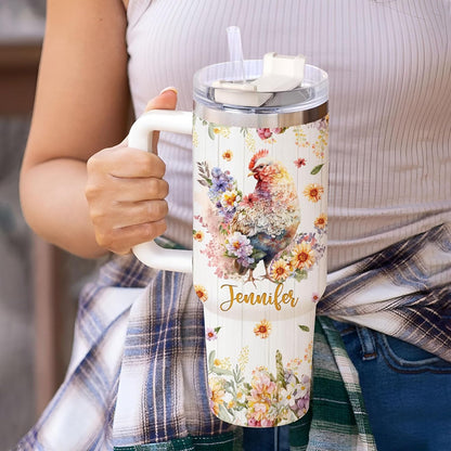 Chicken Floral 40oz Tumbler with Handle & Straw – Personalized Stainless Steel Insulated Travel Cup with Lid – Unique Gift for Farm Animal Lovers
