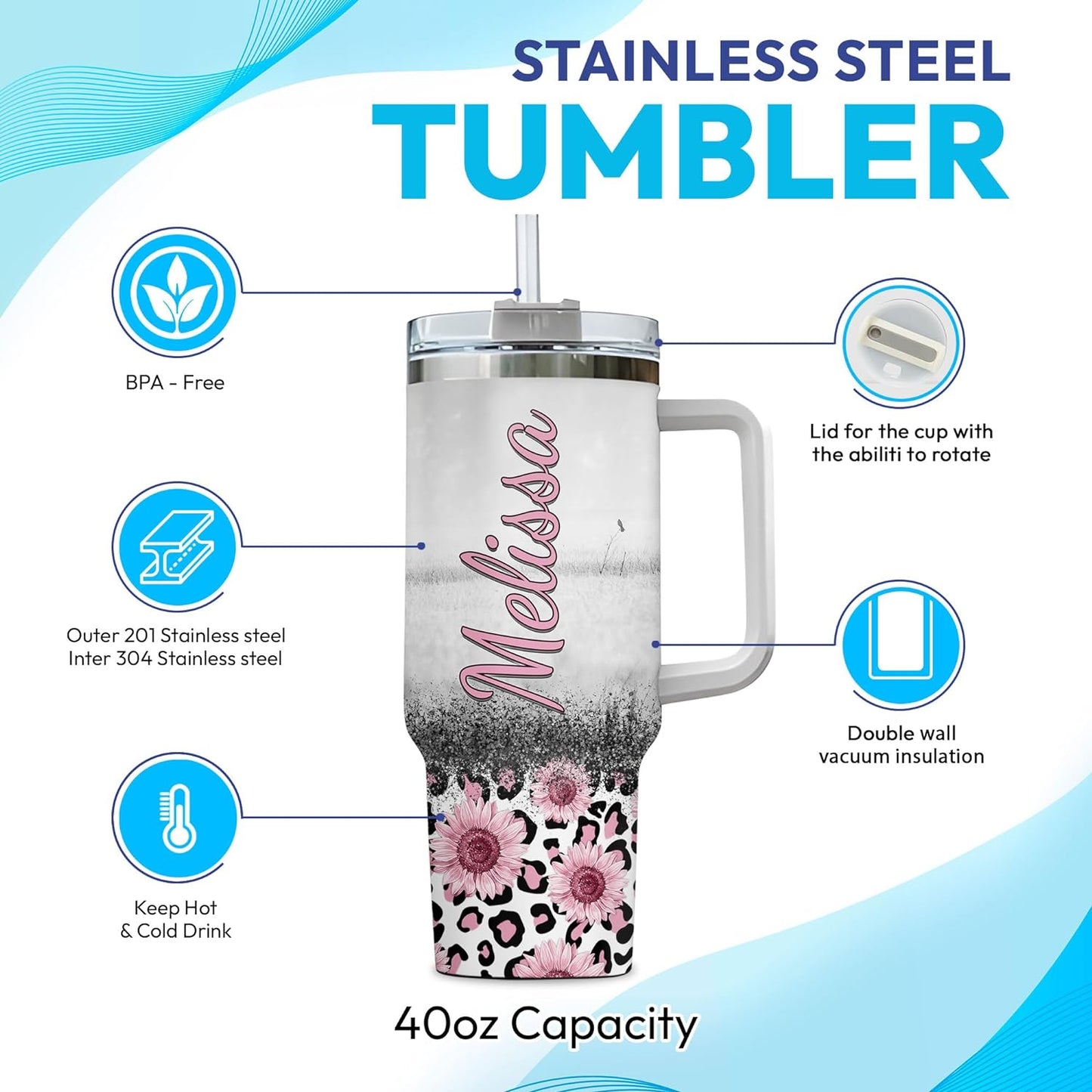 Highland Cow Floral Tumbler 40oz with Handle & Straw – Personalized Stainless Steel Travel Cup with Lid – Cute Farm Animal Gift for Women