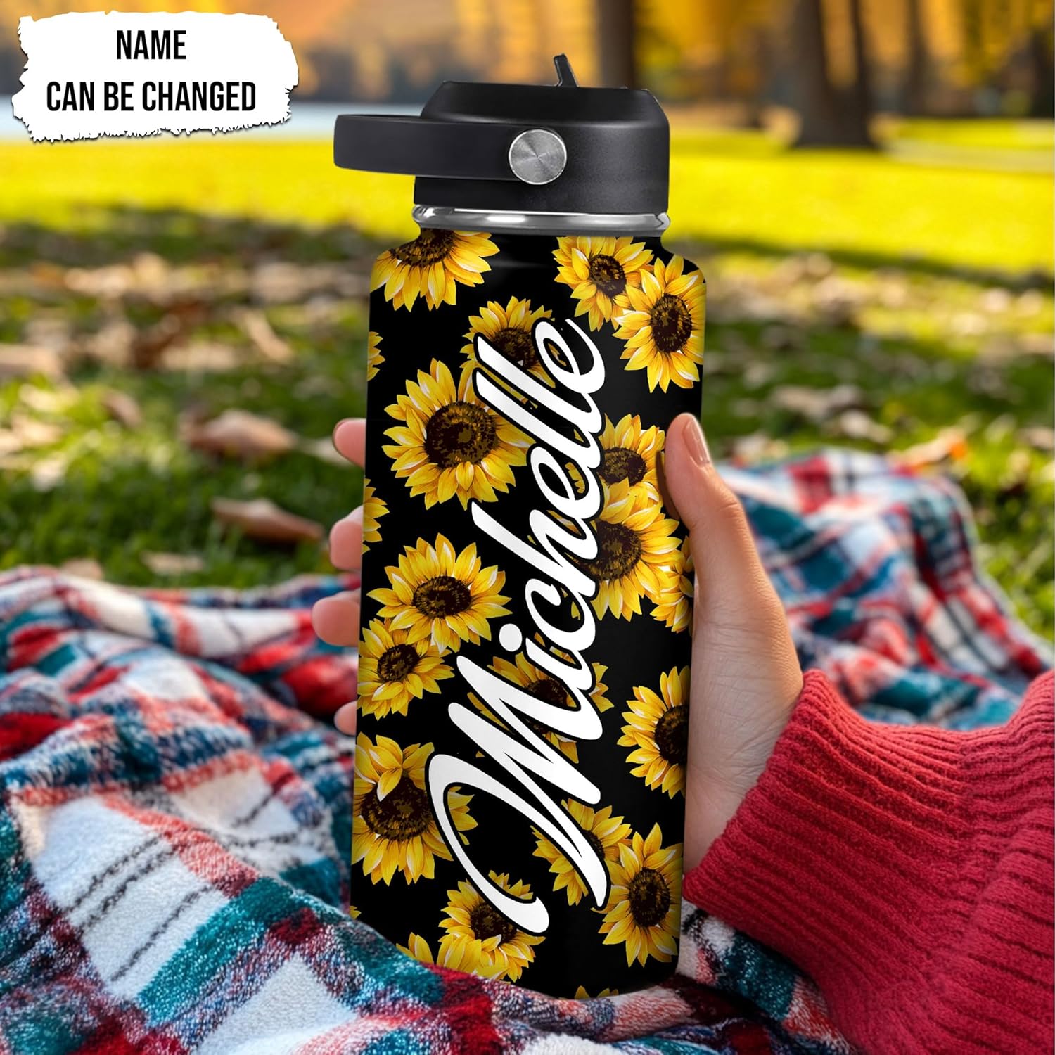 Sunflower Water Bottle 32oz – Travel Insulated Stainless Steel Bottle with Leak-Proof Lid – Custom Yellow Floral Gift for Women & Girls