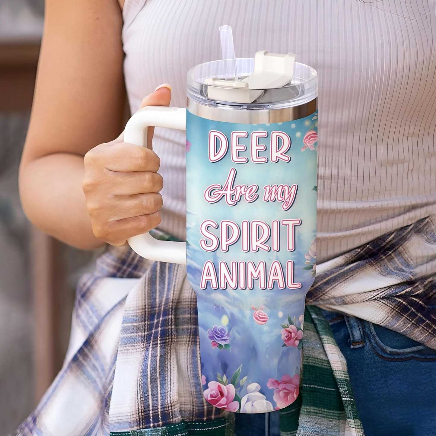 Floral Deer Tumbler 40oz with Handle & Straw – Personalized Stainless Steel Insulated Cup with Lid – Cute Animal Gift for Women & Girls