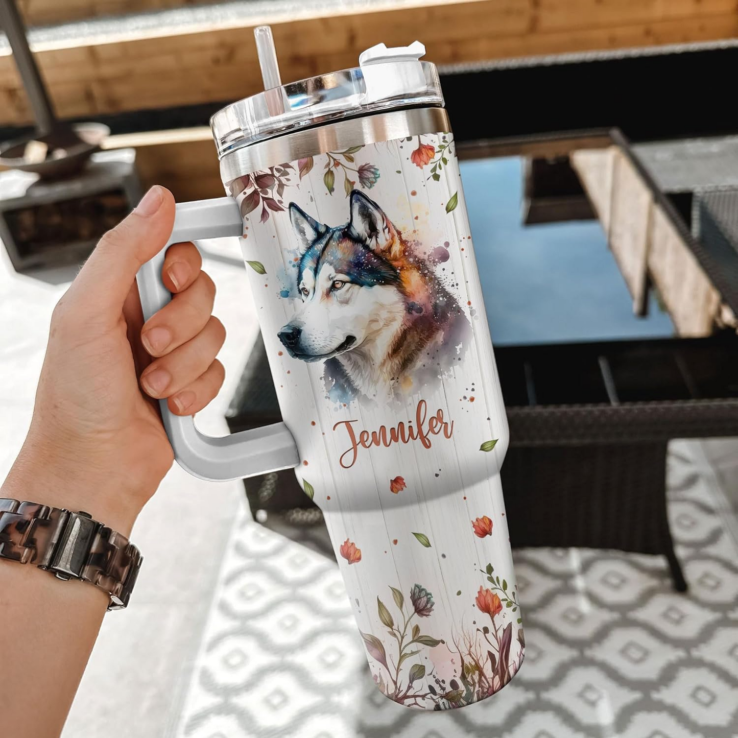 Husky Lover Tumbler 40oz with Handle & Straw – Personalized Stainless Steel Travel Cup with Lid – Creative Gift for Dog Lovers