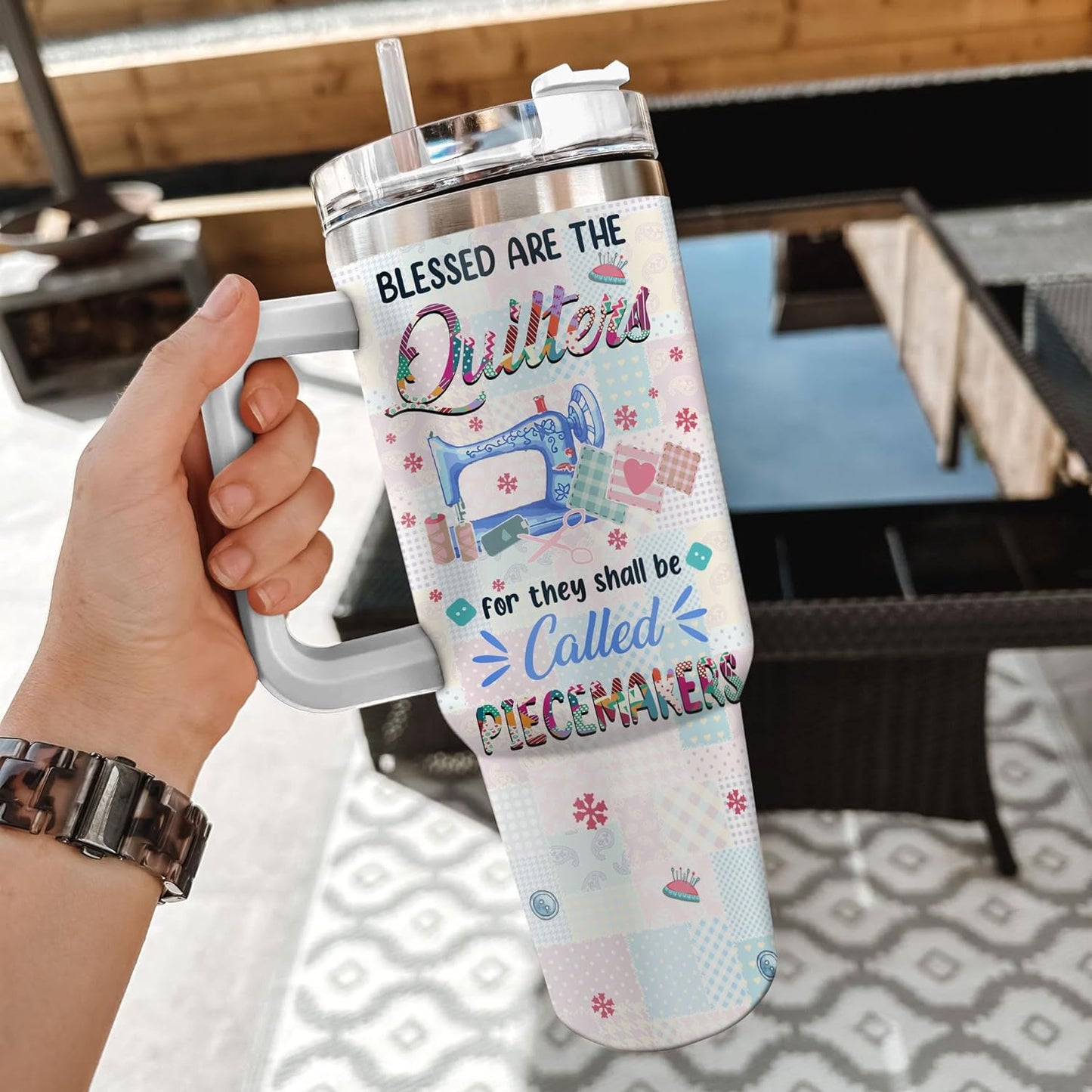 Quilting Patchwork Tumbler 40oz with Handle & Straw – Personalized Stainless Steel Insulated Travel Cup with Lid – Unique Gift for Quilters