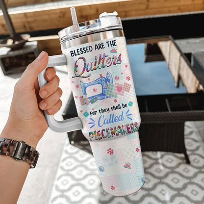 Quilting Patchwork Tumbler 40oz with Handle & Straw – Personalized Stainless Steel Insulated Travel Cup with Lid – Unique Gift for Quilters