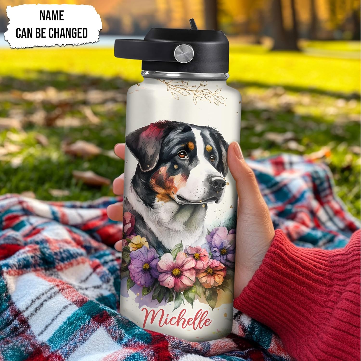 Bernese Mountain Dog Floral Water Bottle 32oz – Personalized Stainless Steel Insulated Bottle with Leak-Proof Lid – Unique Gift for Dog Lovers