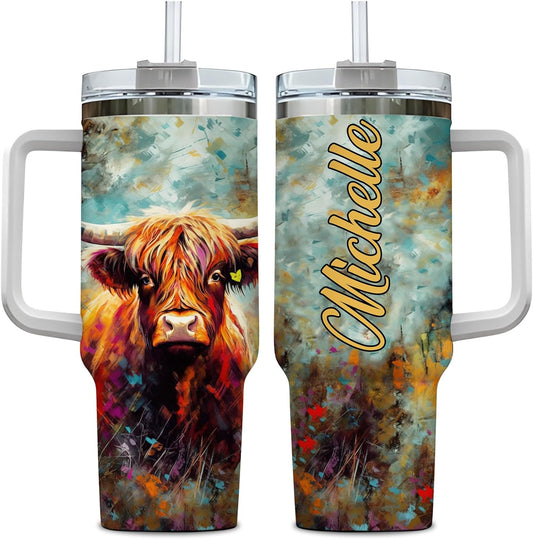 Highland Cow Art Tumbler 40oz – Personalized Stainless Steel Insulated Travel Cup with Handle & Straw, Leak-Proof Lid – Creative Gift for Farm Lovers