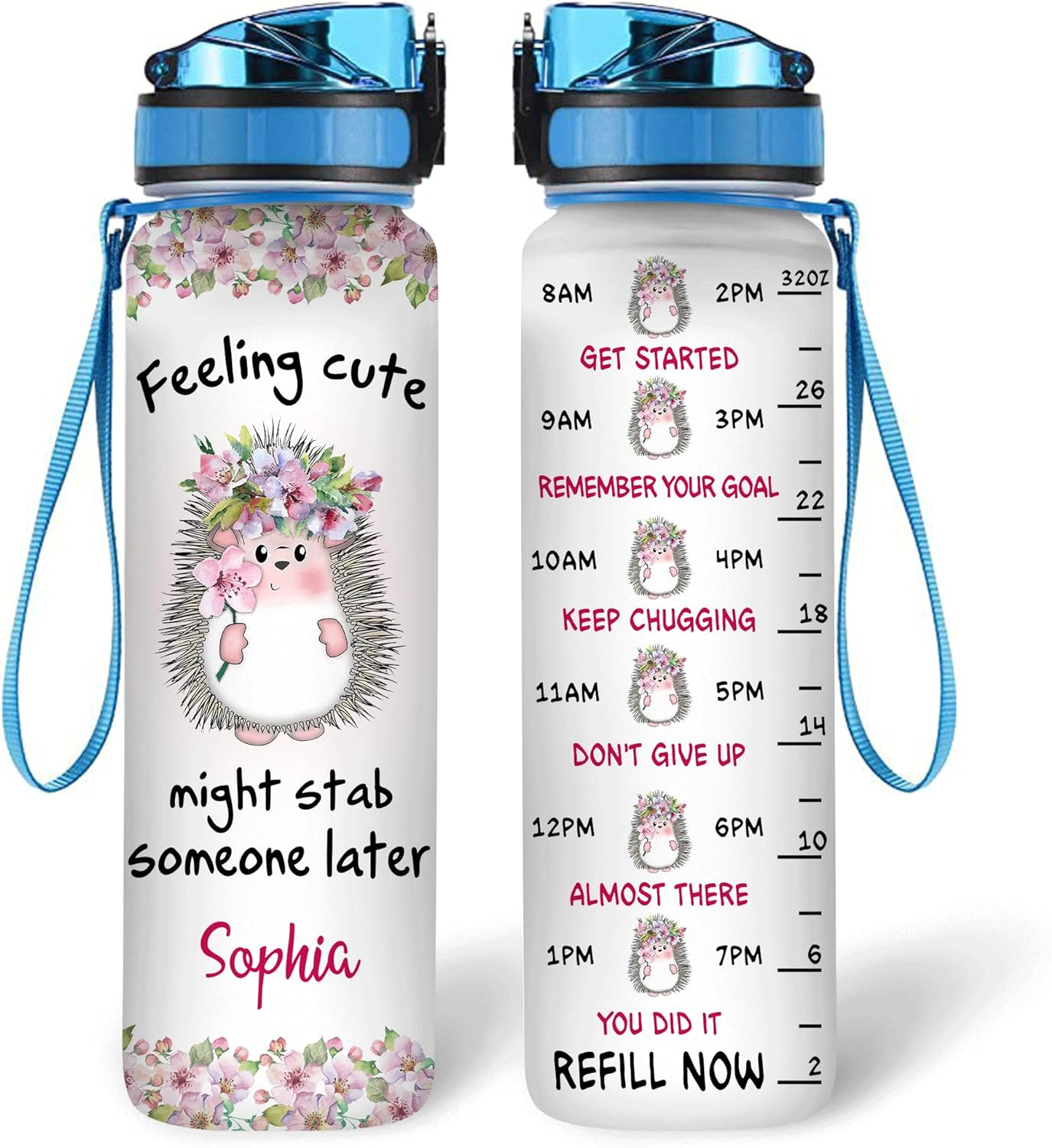 Hedgehog “Feeling Cute Might Stab Someone Later” Water Bottle Tracker 32oz – Personalized Hydration Bottle with Time Marker – Funny Gift for Hedgehog Lovers