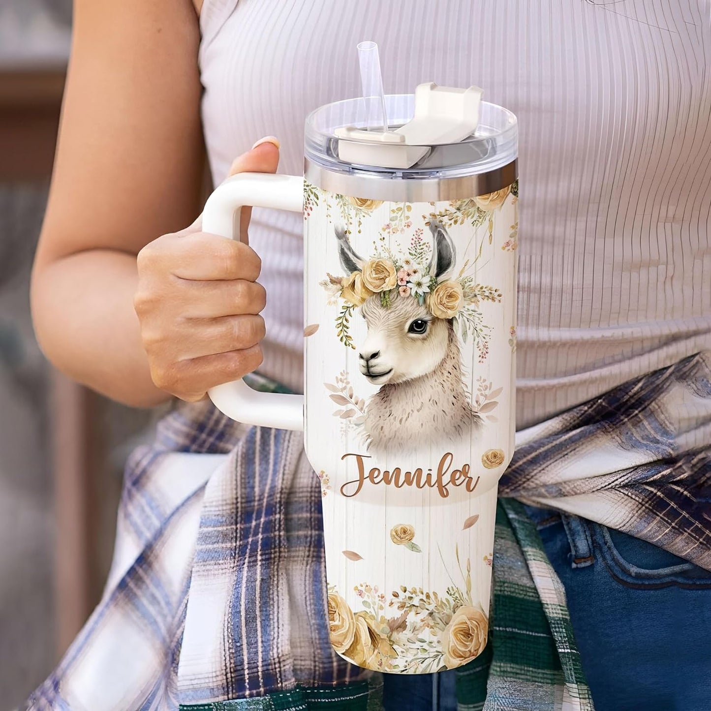 Rustic Llama 40oz Tumbler with Handle & Straw – Personalized Stainless Steel Insulated Cup with Lid – Stylish Gift for Animal Lovers