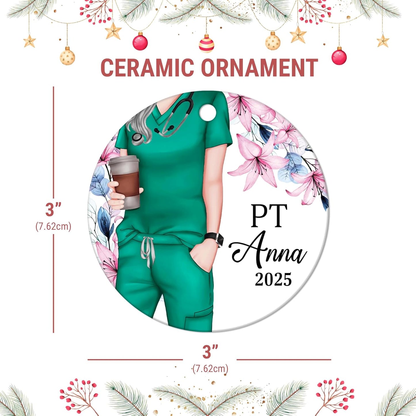 Physical Therapist Scrubs Floral Ceramic Circle Ornament – Personalized Christmas Gift for PT or PTA, Clinic Team Appreciation Decor