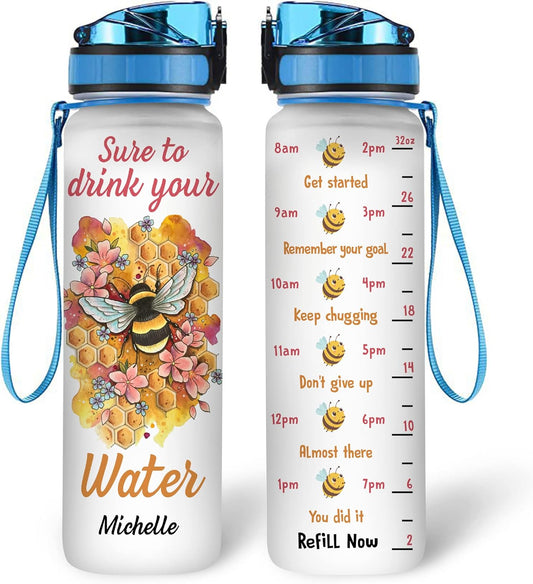 Bee Lovers Water Bottle Tracker 32oz – Personalized Daily Bottle with Time Marker – Cute Animal Gift for Women Girls