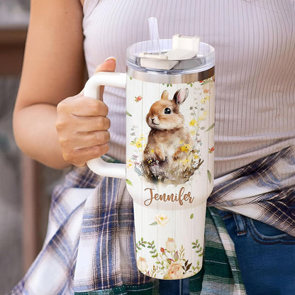 Watercolor Rabbit 40oz Tumbler with Handle & Straw – Personalized Stainless Steel Insulated Travel Cup with Lid – Cute Gift for Animal Lovers