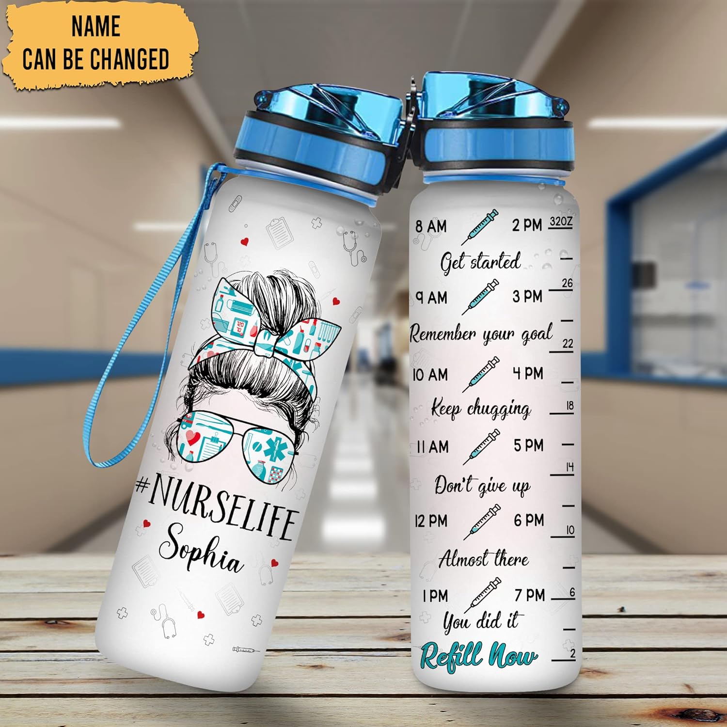 Nurse Life Woman Face - Personalized Water Tracker Bottle 32oz