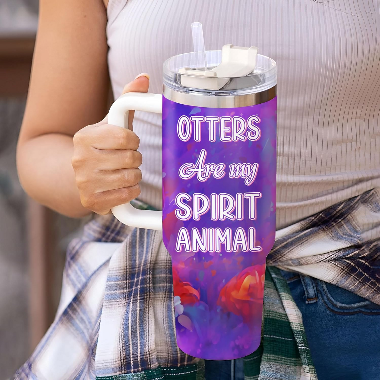Otter Lover Tumbler 40oz with Handle & Straw – Personalized Stainless Steel Insulated Travel Cup with Lid – Cute Birthday Gift for Animal Lovers