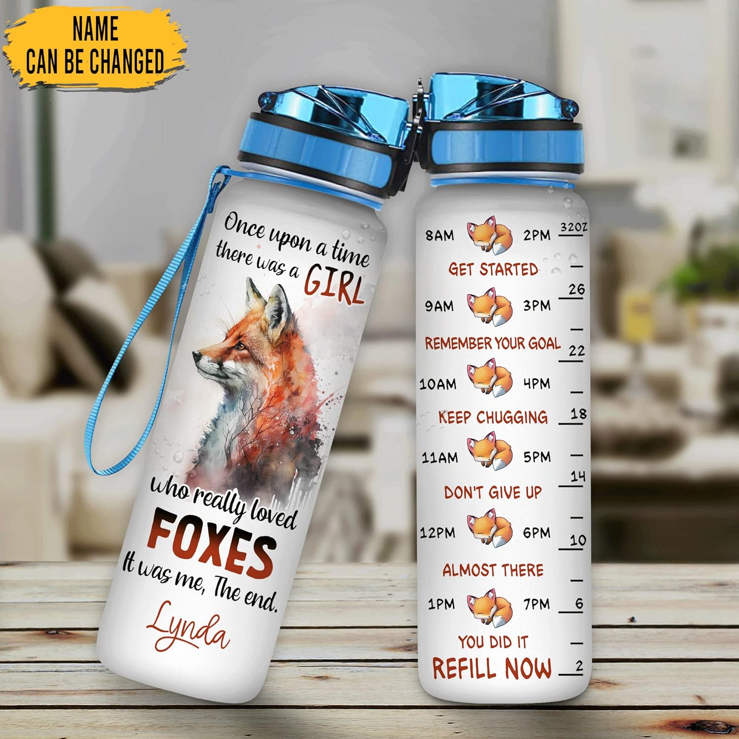 Once Upon A Time Girl Love Foxes  - Personalized Water Tracker Bottle 32oz