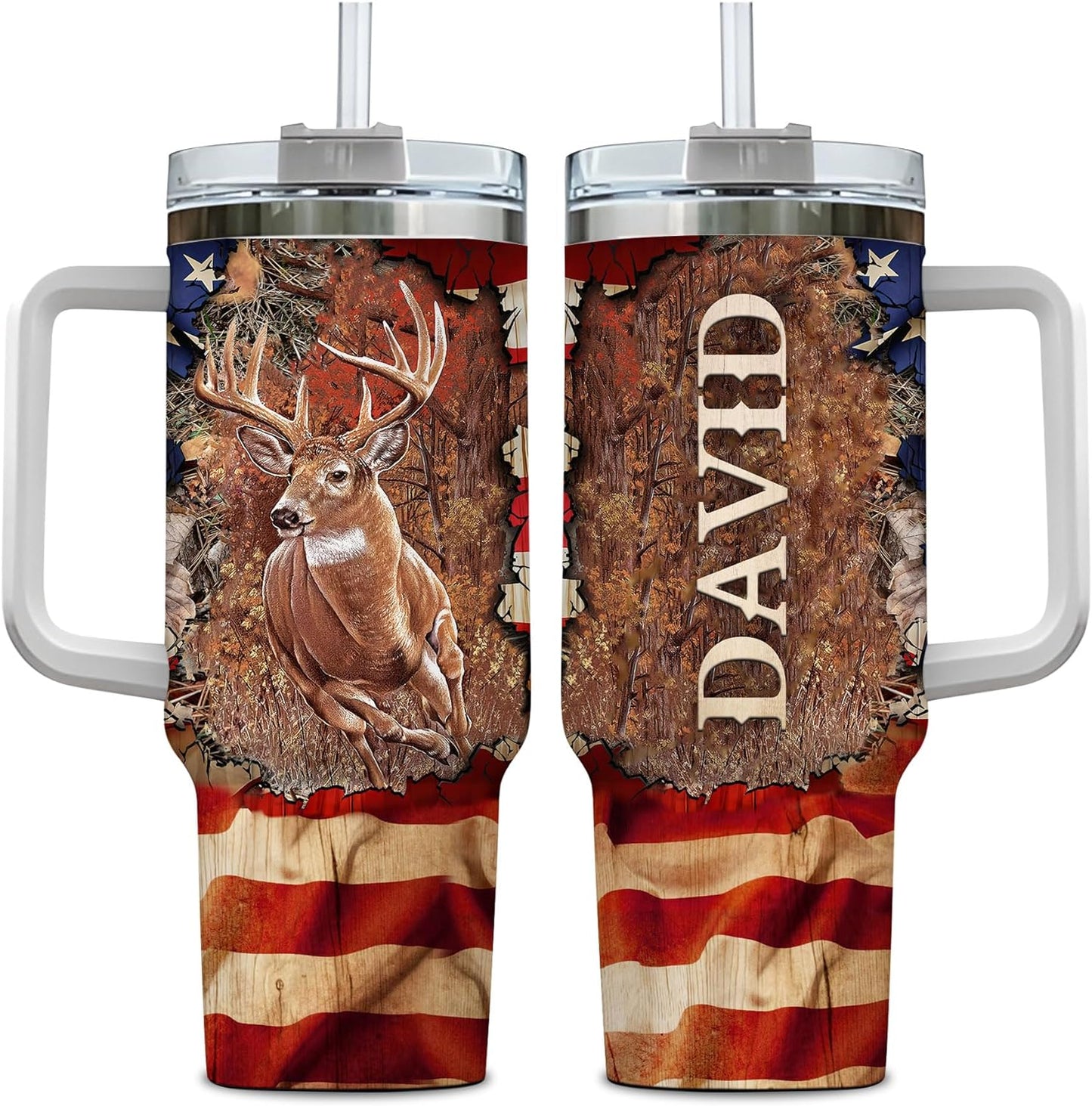 Deer Hunting Tumbler 40oz with Handle & Straw – Personalized Stainless Steel Travel Cup with Lid – Outdoor Gift for Hunters & Dads