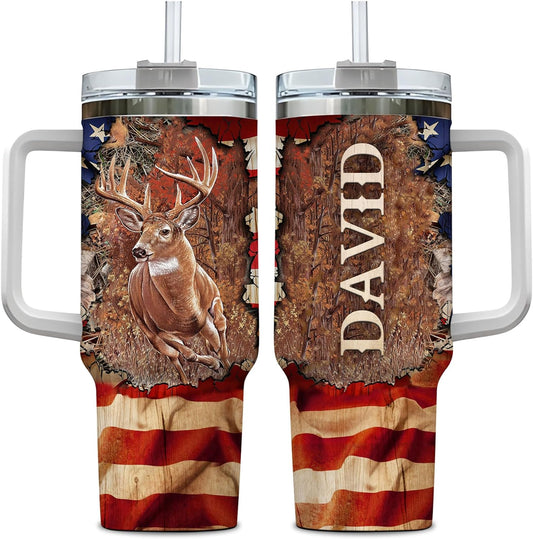 Deer Hunting Tumbler 40oz with Handle & Straw – Personalized Stainless Steel Travel Cup with Lid – Outdoor Gift for Hunters & Dads