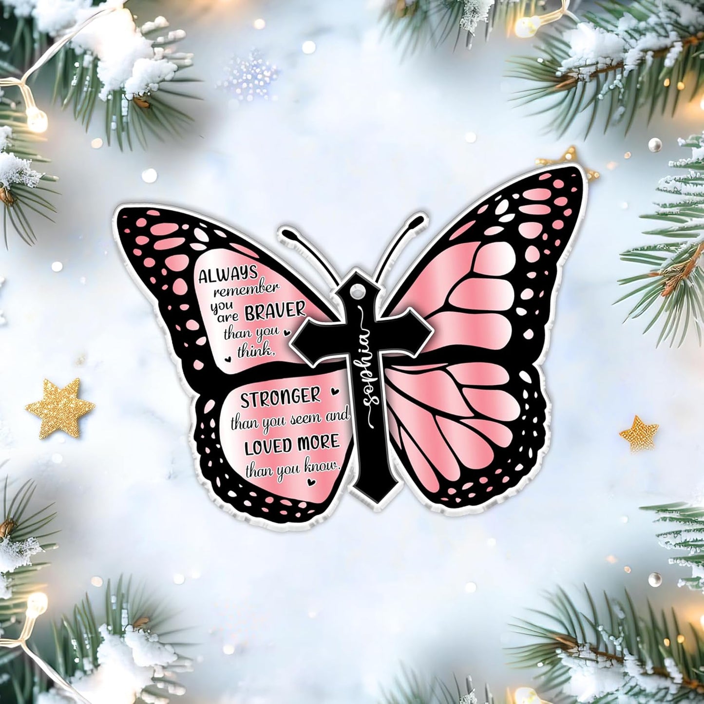 Pink Butterfly Breast Cancer Cut Acrylic Ornament – Personalized Encouragement Gift for Survivor or Warrior, Awareness Ribbon Christmas Tree Decor