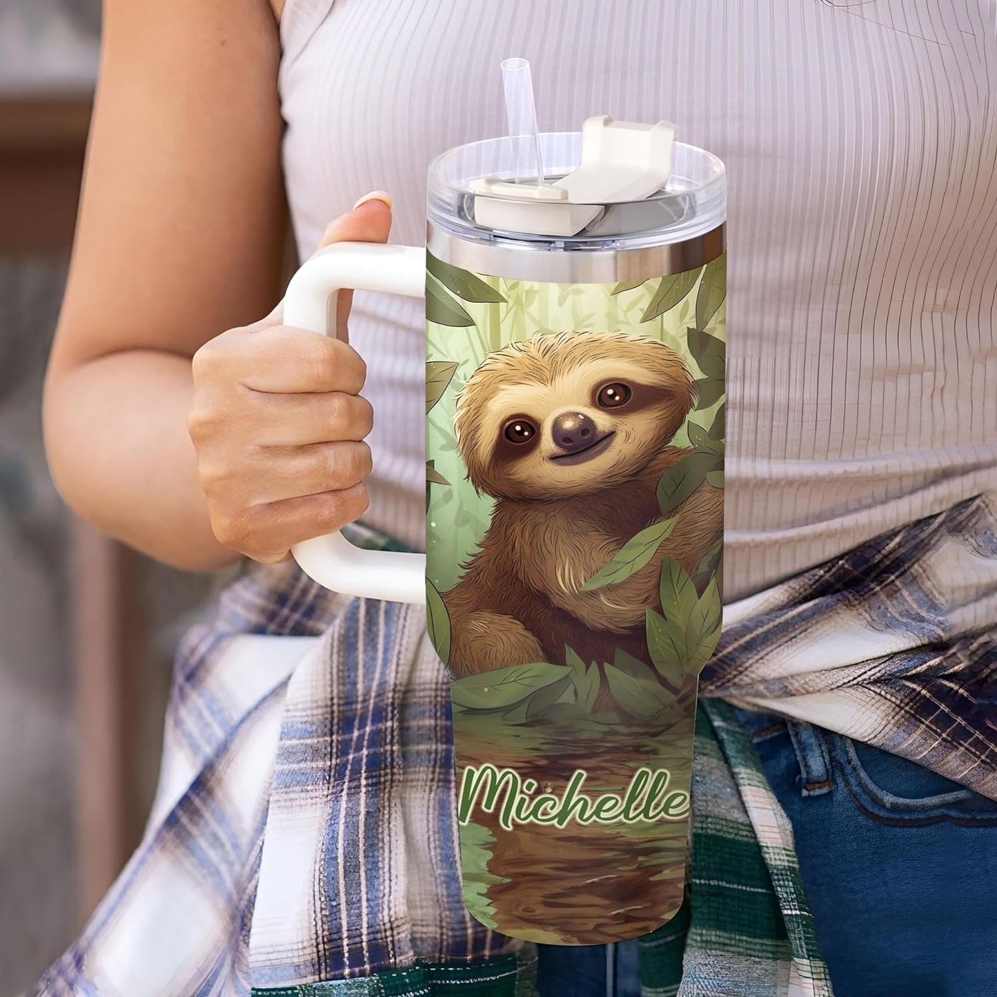 Sloth Jungle Theme Tumbler 40oz with Handle & Straw – Personalized Stainless Steel Insulated Cup with Lid – Fun Gift for Sloth Lovers