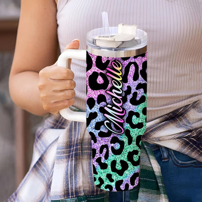 Colorful Leopard Print Tumbler 40oz with Handle & Straw – Personalized Stainless Steel Insulated Cup with Lid – Creative Gift for Women