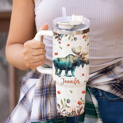 Moose Forest Tumbler 40oz – Personalized Stainless Steel Insulated Cup with Handle & Straw – Stylish Gift for Moose Lovers