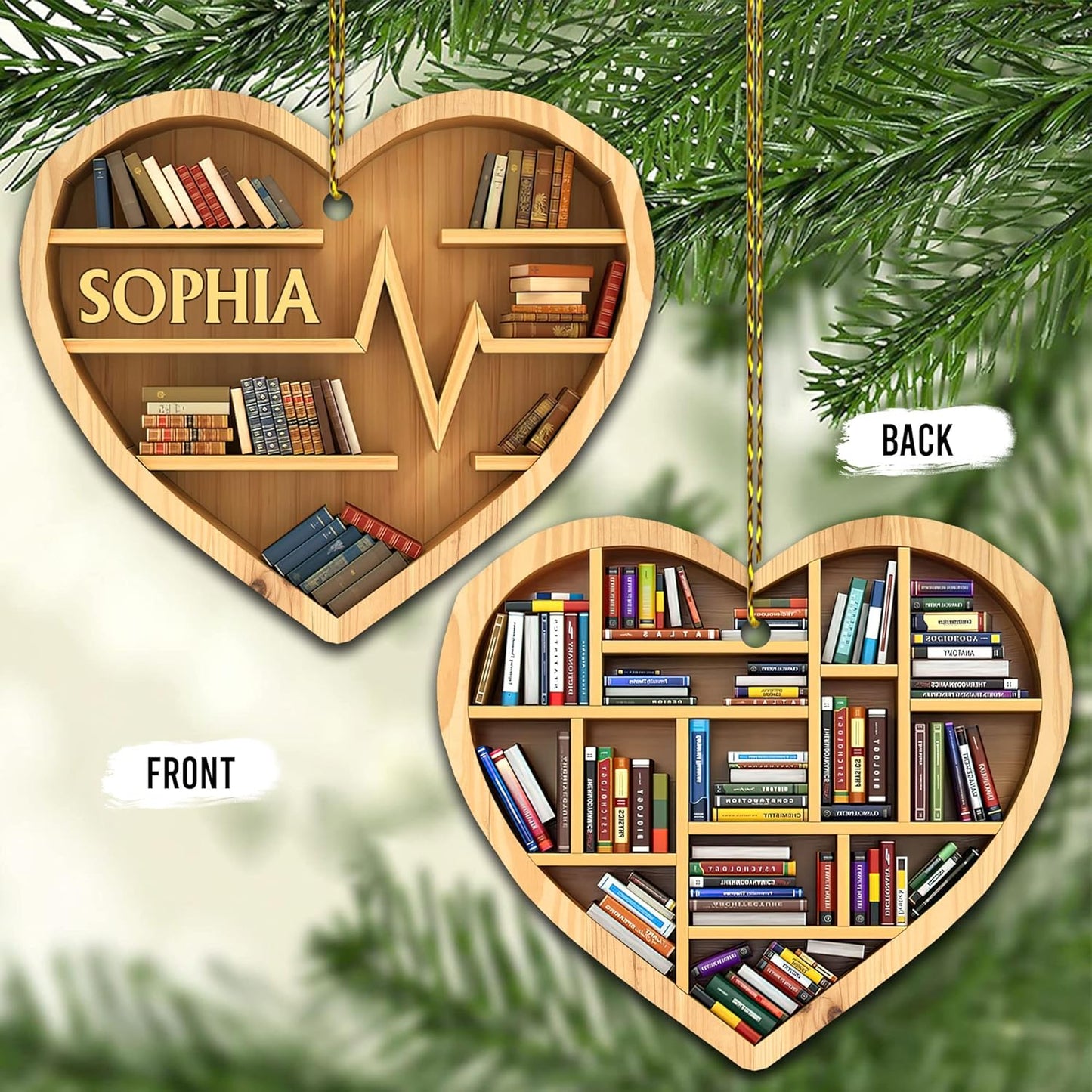 Bookshelf Heartbeat Wood Ornament – Personalized Christmas Gift for Teacher, Librarian, or Book Lover