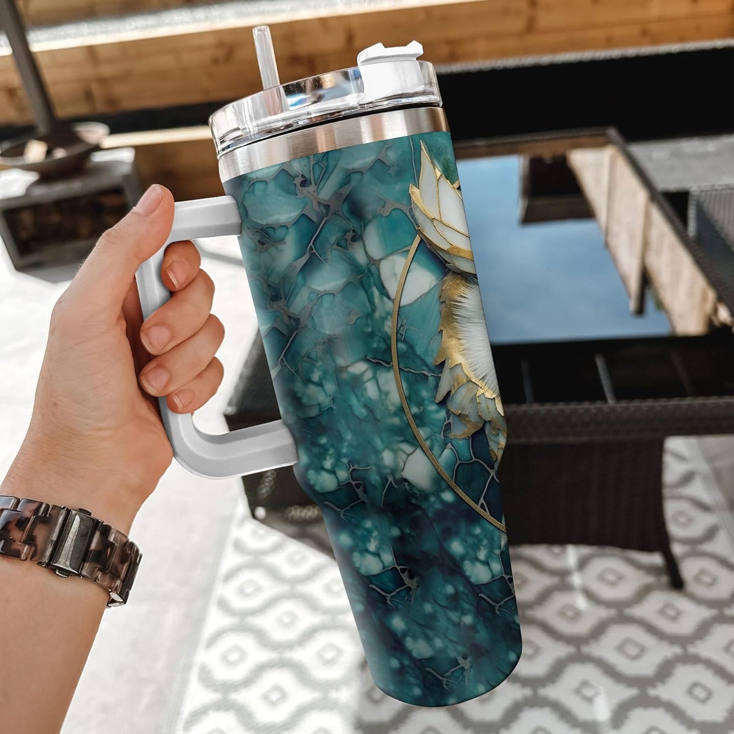 Golden Owl Marble Tumbler 40oz with Handle & Straw – Personalized Stainless Steel Travel Cup with Lid – Stylish Gift for Owl Lovers