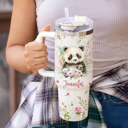 Cute Panda Tumbler 40oz with Handle & Straw – Personalized Stainless Steel Insulated Cup with Lid – Sweet Gift for Animal Lovers
