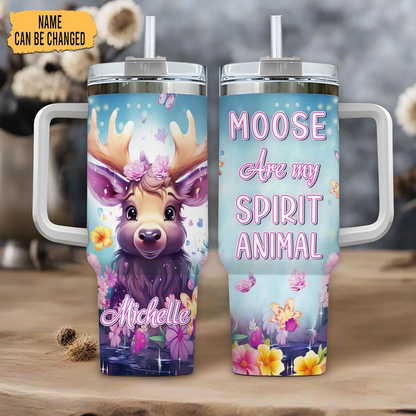 Moose Tumbler 40oz with Handle & Straw – Personalized Stainless Steel Cup with Lid – Cute Woodland Animal Gift for Women & Girls
