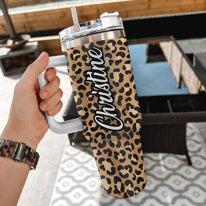 Leopard Print Tumbler 40oz with Handle & Straw – Personalized Stainless Steel Insulated Travel Cup with Lid – Stylish Gift for Women