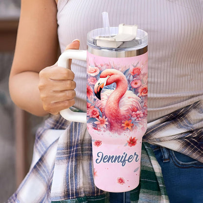 Pink Flamingo Tumbler 40oz – Personalized Stainless Steel Insulated Cup with Handle & Straw – Stylish Gift for Flamingo Lovers