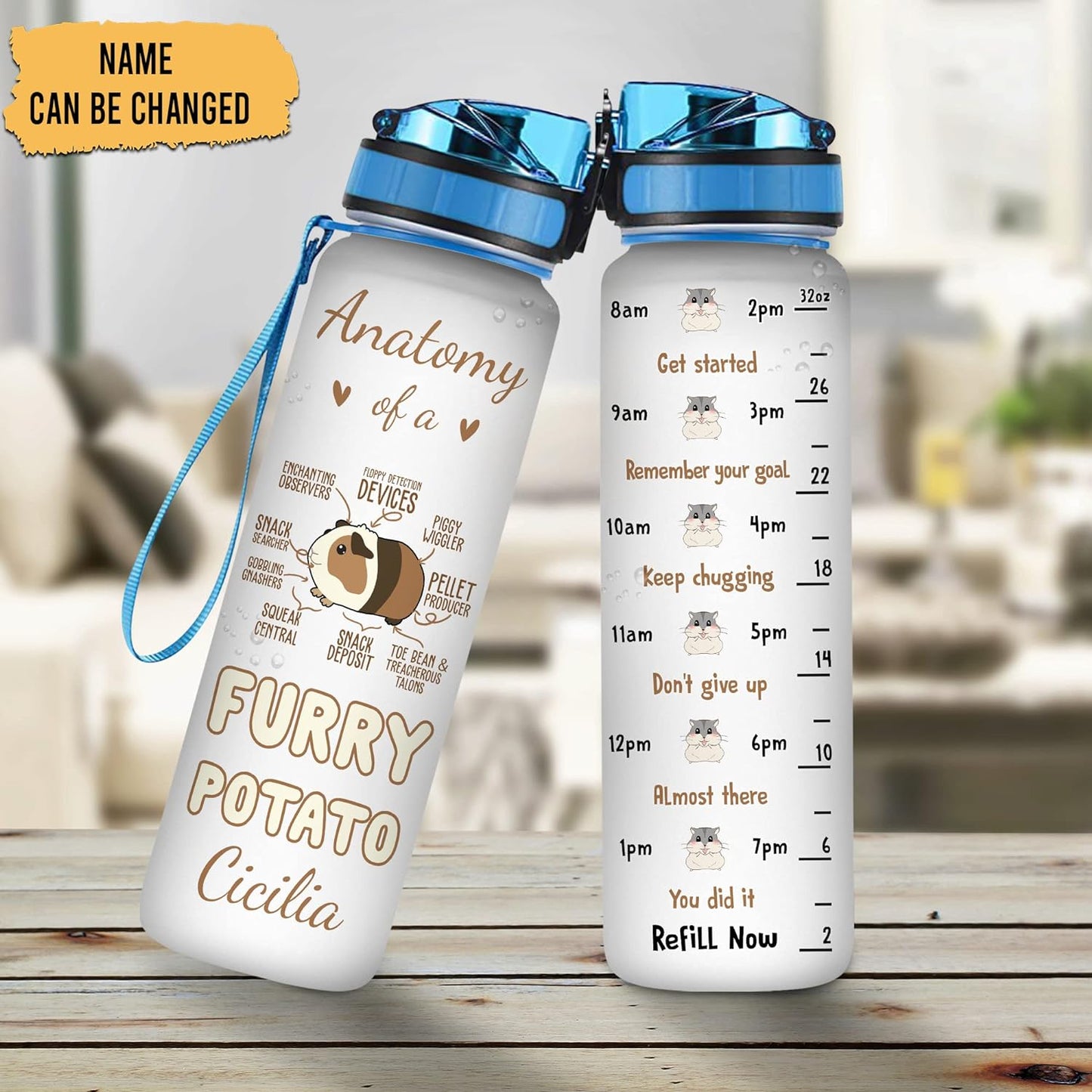 Furry Potato Guinea Pig Water Bottle Tracker 32oz – Personalized Hydration Bottle with Time Marker – Fun Gift for Pet Moms