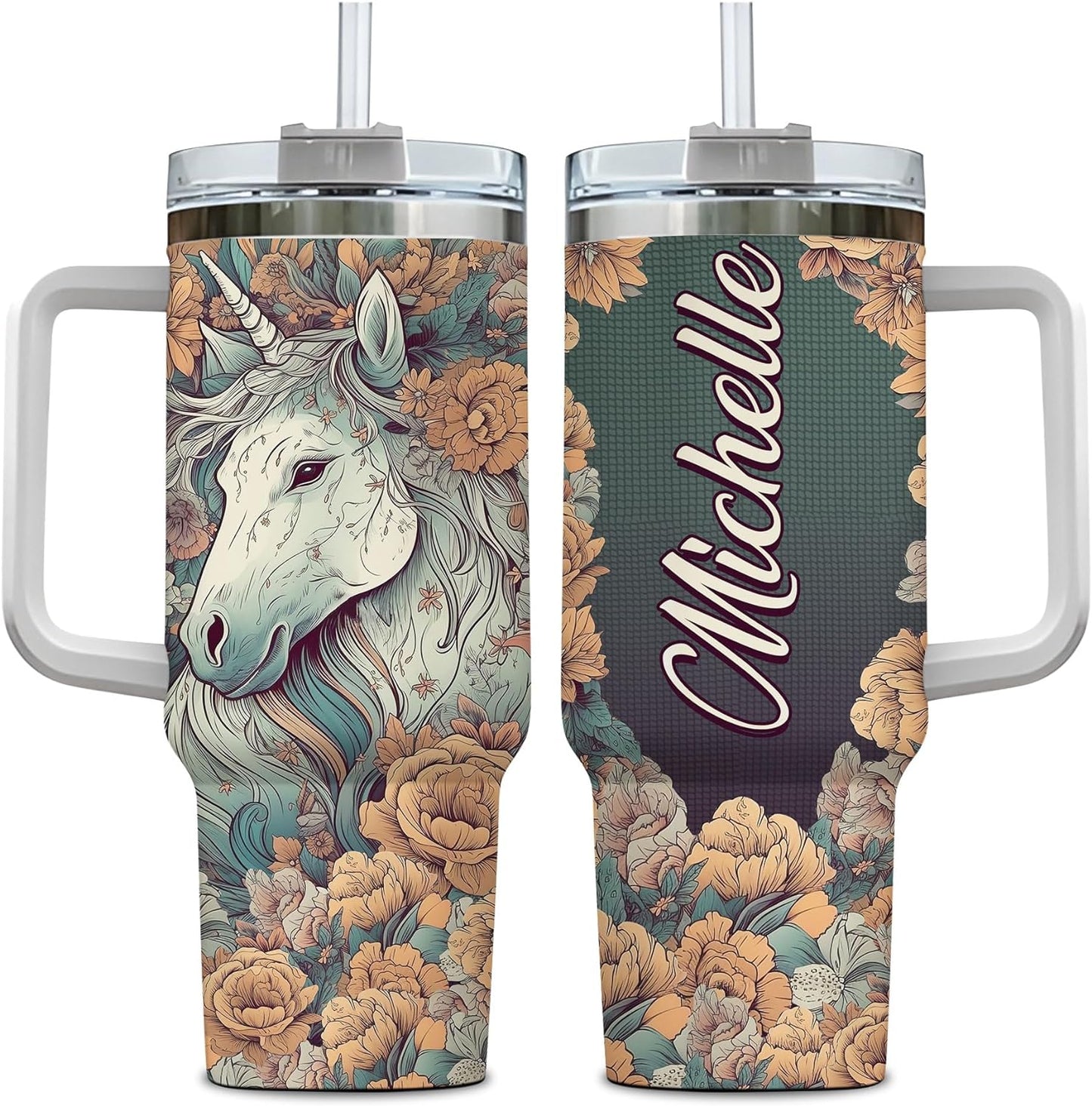 Floral Unicorn Tumbler 40oz with Handle & Straw – Personalized Stainless Steel Travel Cup with Lid – Magical Gift for Fantasy Lovers