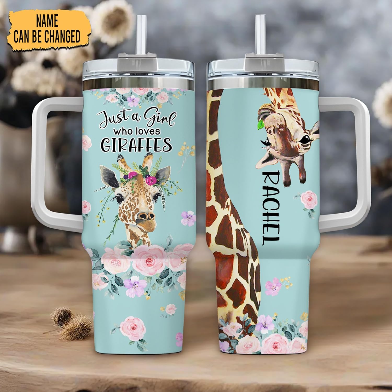 Giraffe Tumbler 40oz with Handle & Straw – Personalized Stainless Steel Insulated Travel Cup with Lid – Unique Gift for Animal Lovers