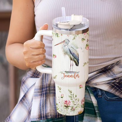 Stork Tumbler 40oz with Handle & Straw – Personalized Stainless Steel Insulated Travel Cup with Lid – Thoughtful Gift for Bird Lovers