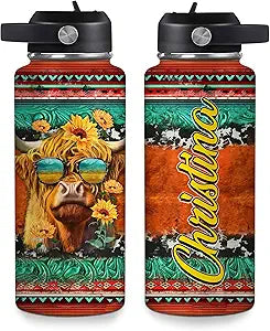 Southwestern Highland Cow Water Bottle with Sunglasses & Sunflowers – Personalized Insulated Stainless Steel Bottle