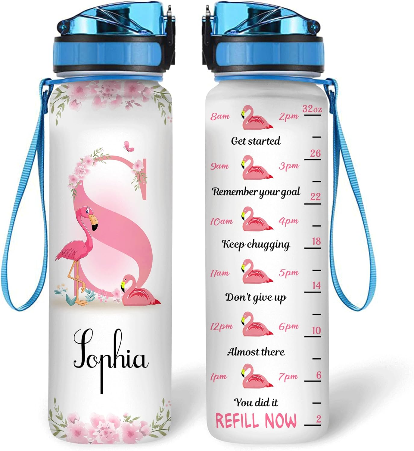 Flamingo Theme Water Bottle Tracker 32oz – Personalized Motivational Bottle with Time Marker – Stylish Gift for Flamingo Lovers