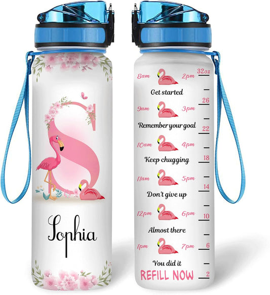 Flamingo Theme Water Bottle Tracker 32oz – Personalized Motivational Bottle with Time Marker – Stylish Gift for Flamingo Lovers