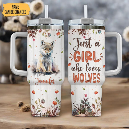 Wolf Lover Tumbler 40oz with Handle & Straw – Personalized Stainless Steel Insulated Travel Cup with Lid – Bold Gift for Wildlife Enthusiasts