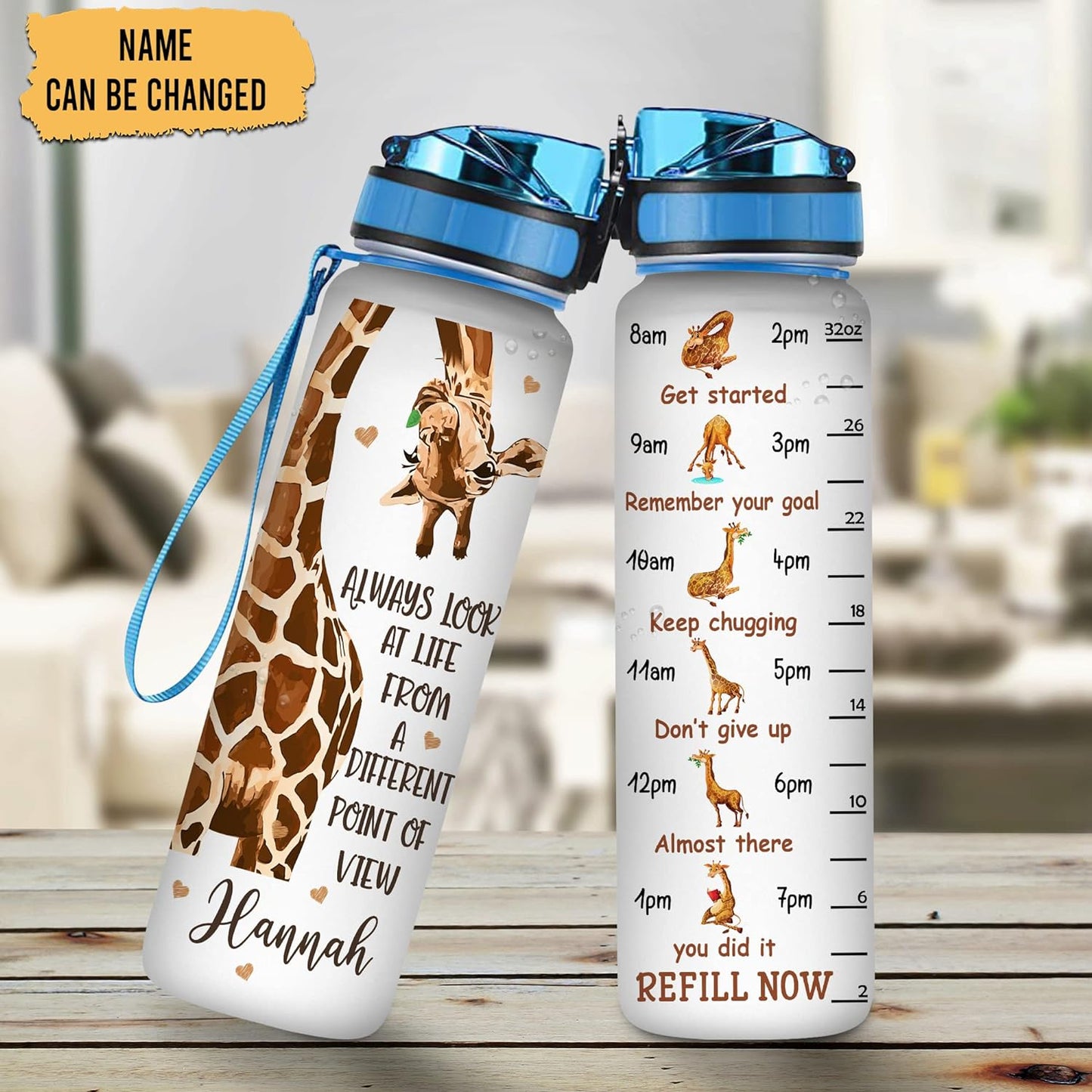 Inspirational Giraffe Water Bottle Tracker 32oz – Personalized Motivational Hydration Bottle with Time Marker – Meaningful Gift for Giraffe Lovers