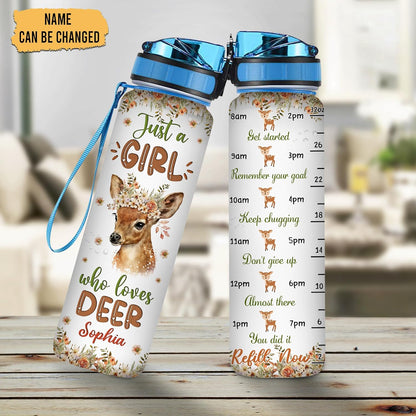 Deer Lovers Water Bottle Tracker 32oz – Personalized Motivational Hydration Bottle with Time Marker – Nature-Inspired Gift for Women on Birthday, Christmas