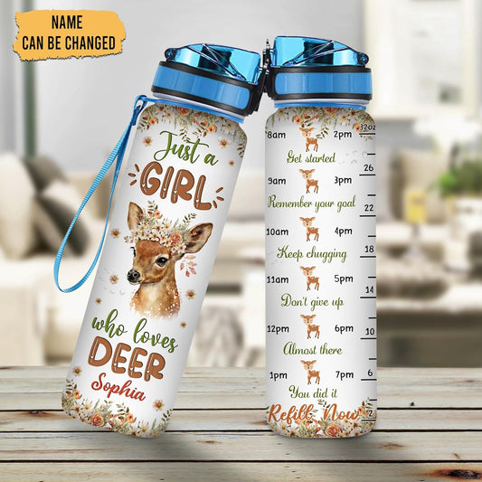 Deer Lovers Water Bottle Tracker 32oz – Personalized Motivational Hydration Bottle with Time Marker – Nature-Inspired Gift for Women on Birthday, Christmas