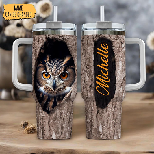 Realistic Owl Tree Hollow Tumbler 40oz with Handle & Straw – Personalized Stainless Steel Travel Cup with Lid – Unique Gift for Owl Lovers