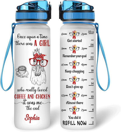 Chicken & Coffee Water Bottle Tracker 32oz – Personalized Motivational Hydration Bottle with Time Marker – Fun Gift for Chicken Lovers