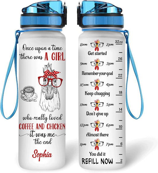 Chicken & Coffee Water Bottle Tracker 32oz – Personalized Motivational Hydration Bottle with Time Marker – Fun Gift for Chicken Lovers