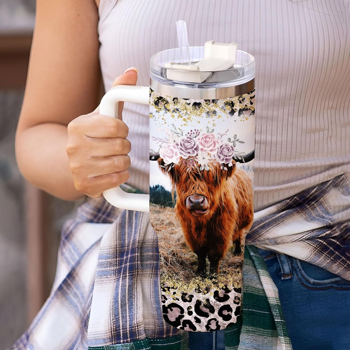 Floral Highland Cow Tumbler 40oz – Personalized Stainless Steel Insulated Travel Cup with Handle & Straw, Leak-Proof Lid – Stylish Gift for Farm Animal Lovers