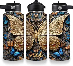 Butterfly Water Bottle 32oz – Travel Insulated Stainless Steel Bottle with Leak-Proof Lid – Personalized Golden Butterfly Gift for Women